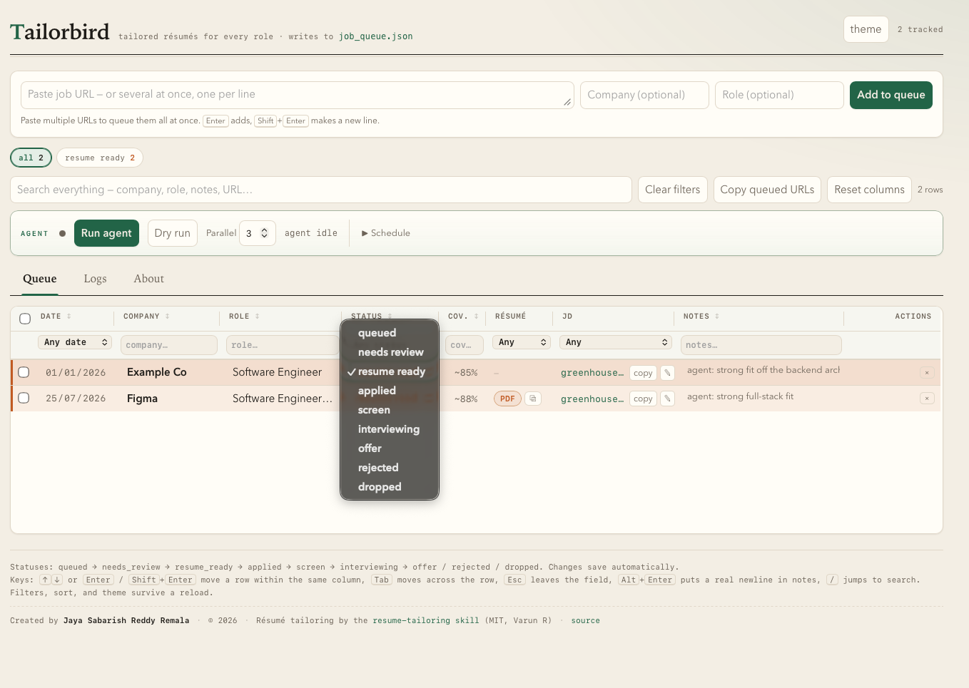 Tailbird tracker options!