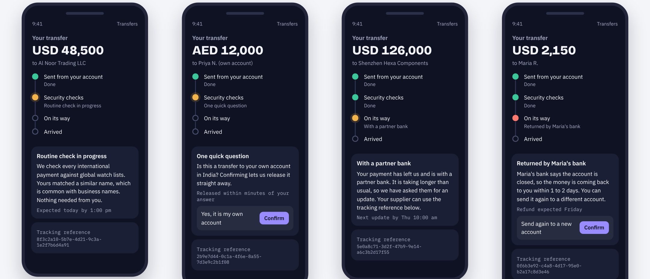 Four customer app screens: routine check, one quick question, delayed at a partner bank, and returned