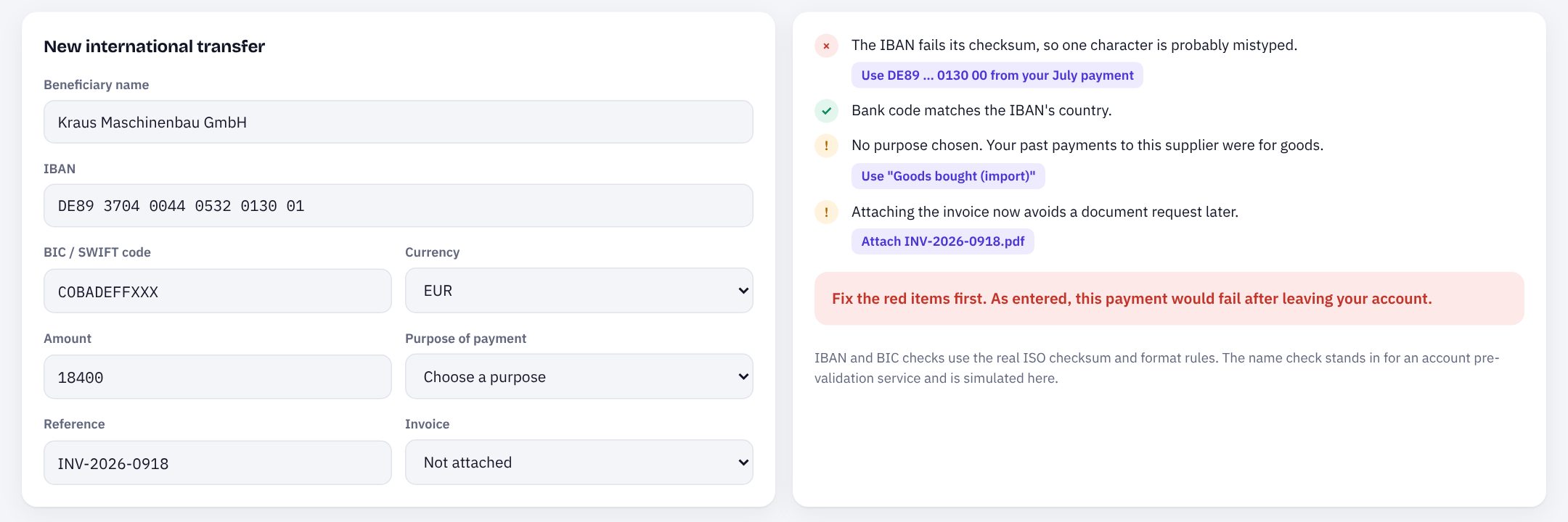 Clearway pre-flight checks catching an IBAN typo, with one-tap fixes for the IBAN, purpose and invoice